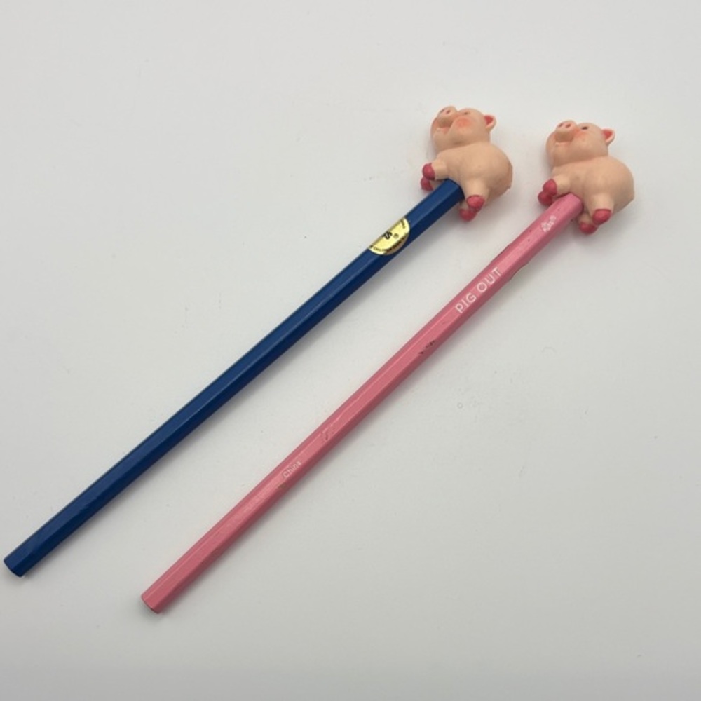 Vintage Russ Pig Out Pencils • 1980s Whimsy • Pig Figurine Tops • Set of 2